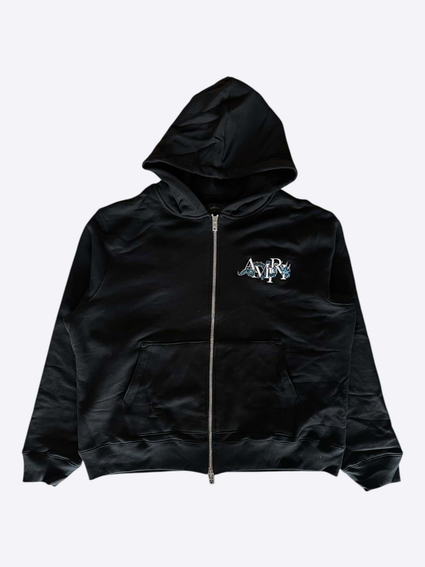 Amiri Black & White Embroidered Dragon Logo Zip Up Hoodie