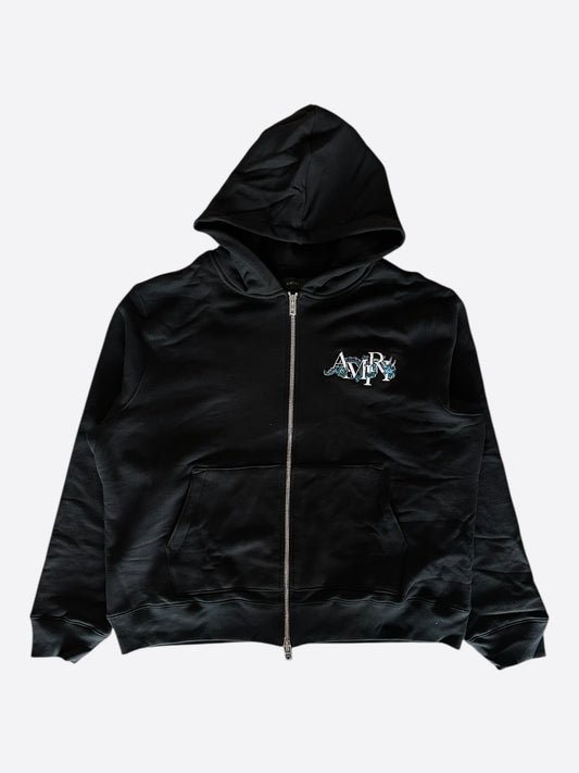 Amiri Black & White Embroidered Dragon Logo Zip Up Hoodie