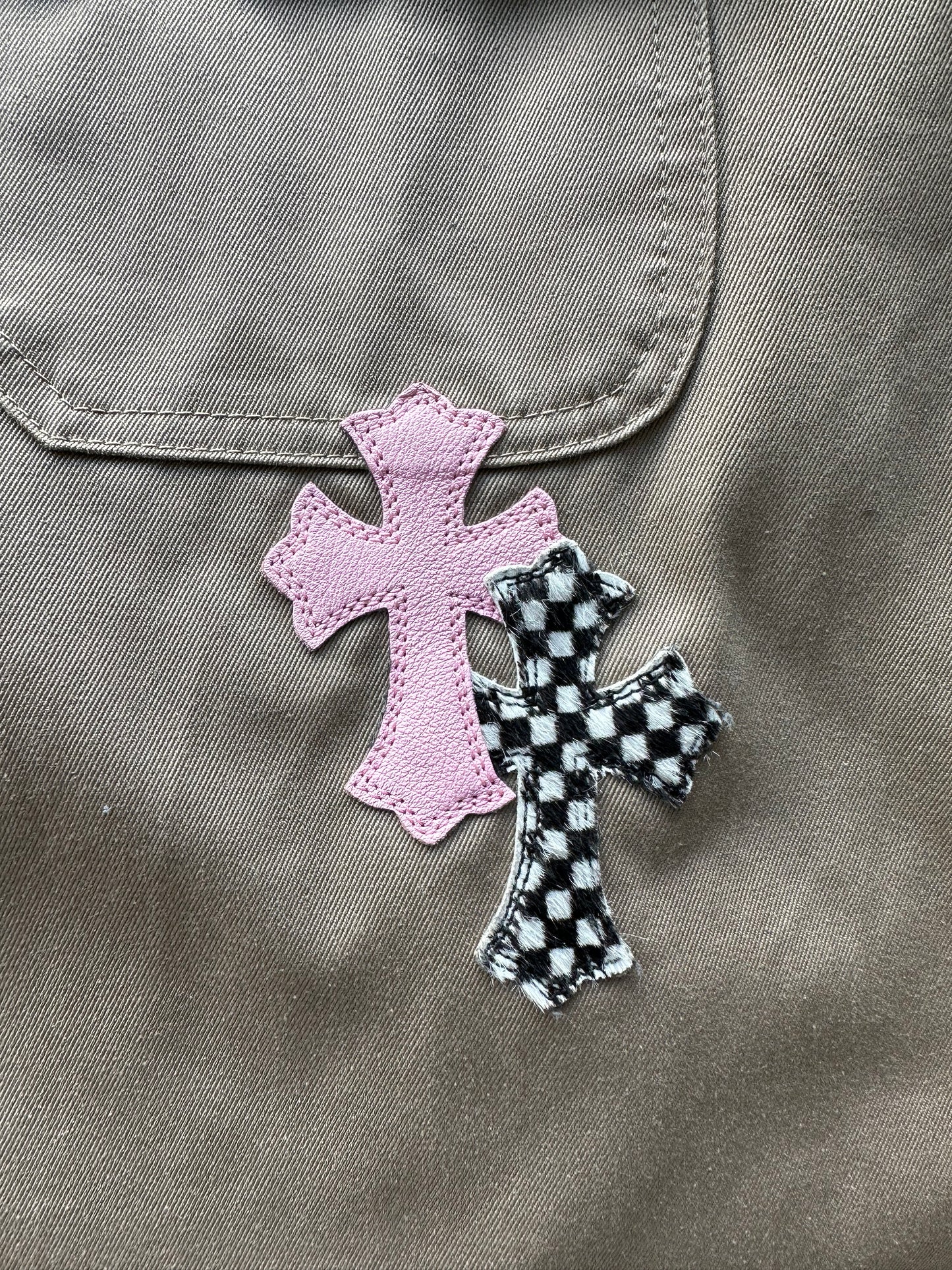 Chrome Hearts Tan Pink & Checkered Cross Patch Work Dog Jacket