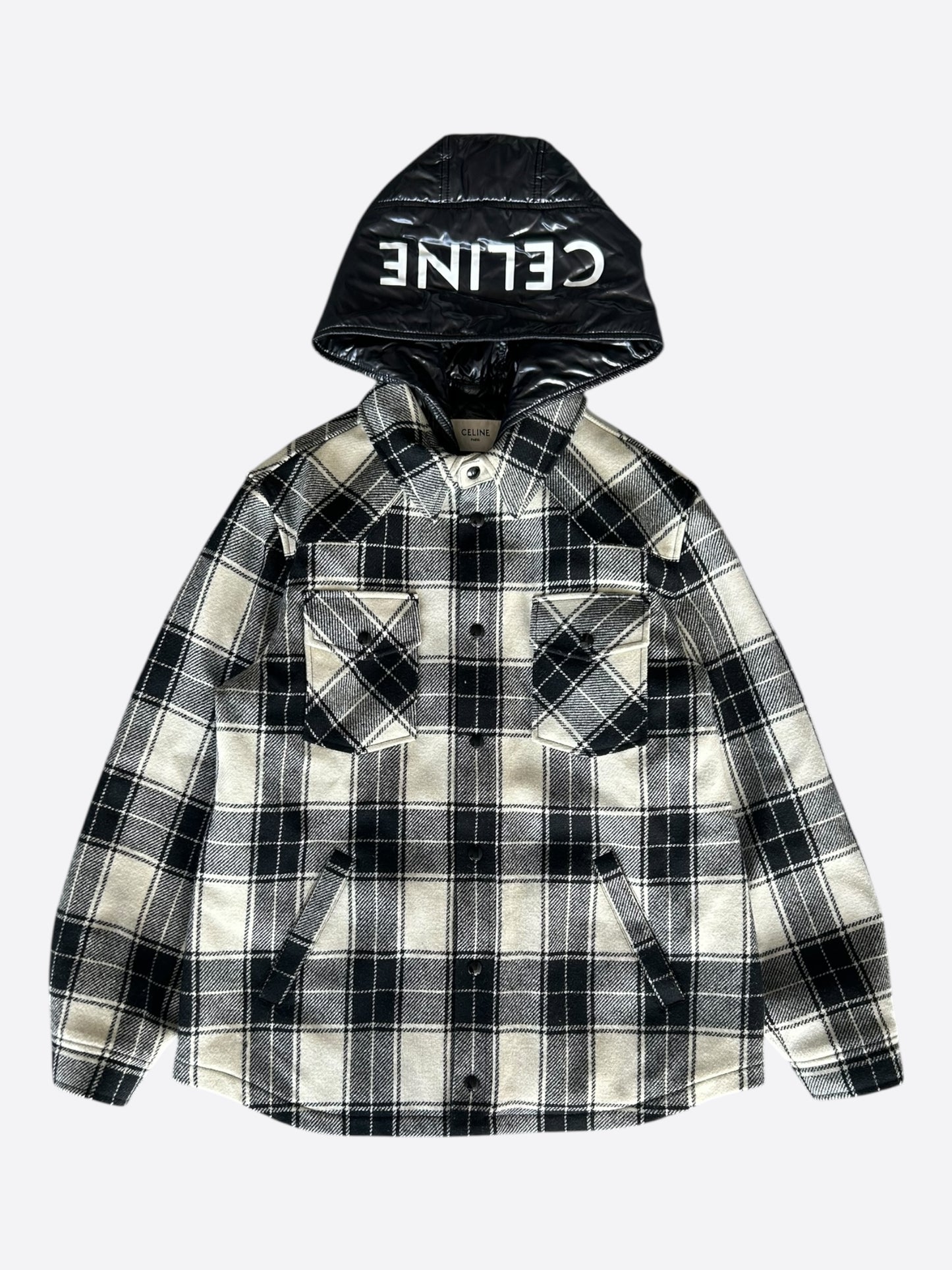 Celine Black & White Hood Logo Wool Jacket