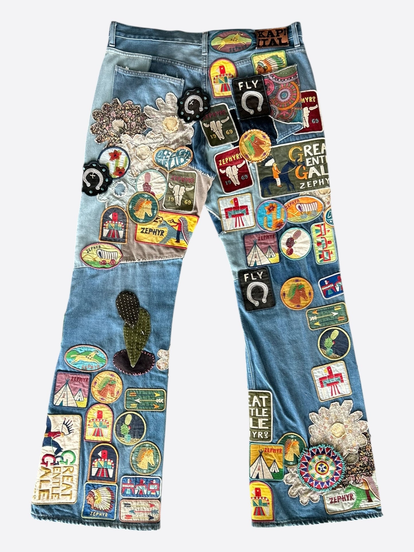 Kapital Blue Beautiful World Patch Flare Jeans