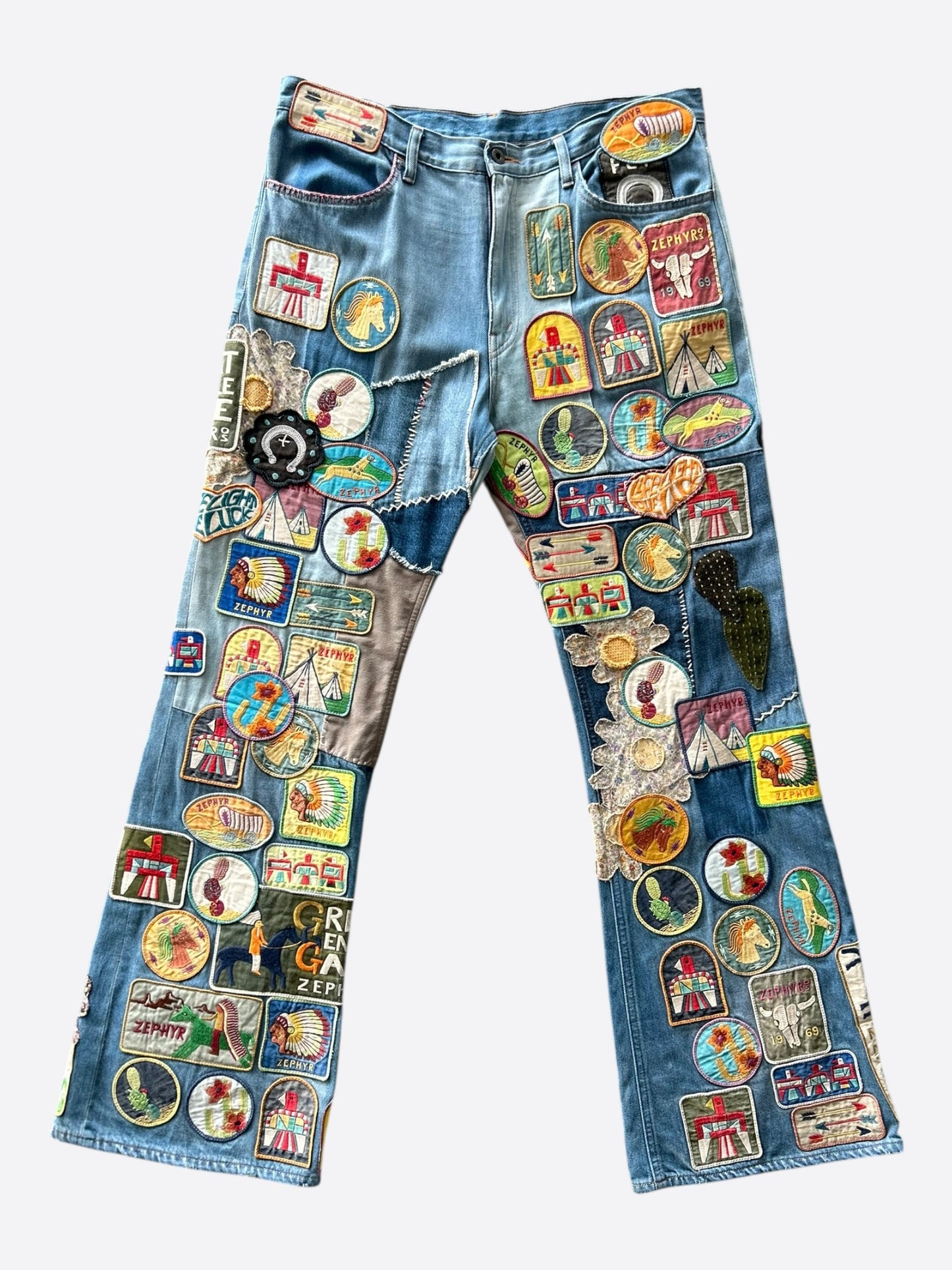 Kapital Blue Beautiful World Patch Flare Jeans