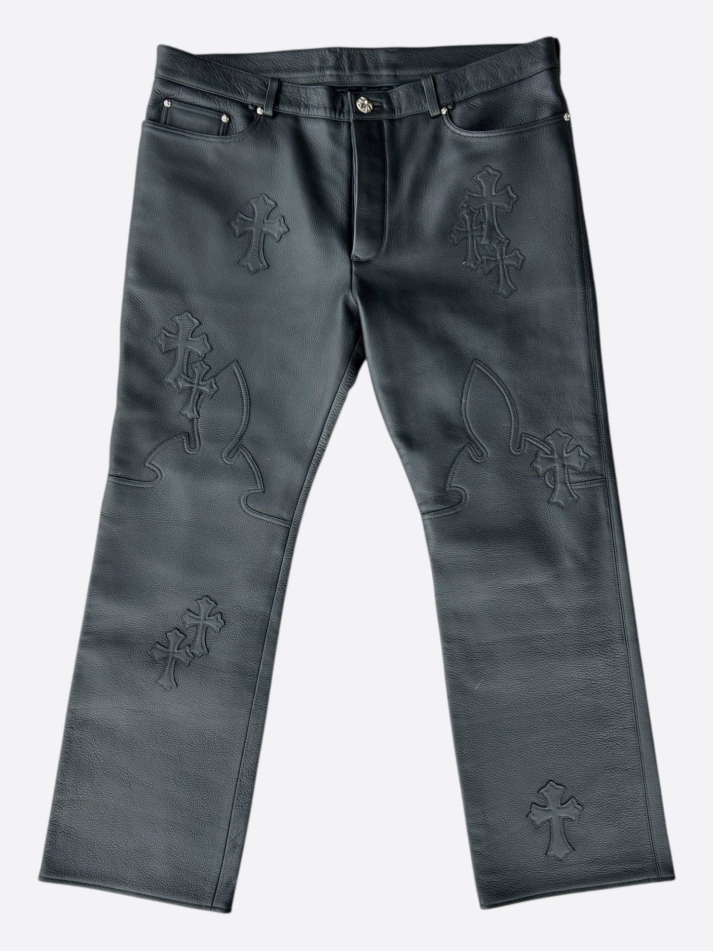 Chrome Hearts Black Leather Cross Patch Fleur Knee Jeans