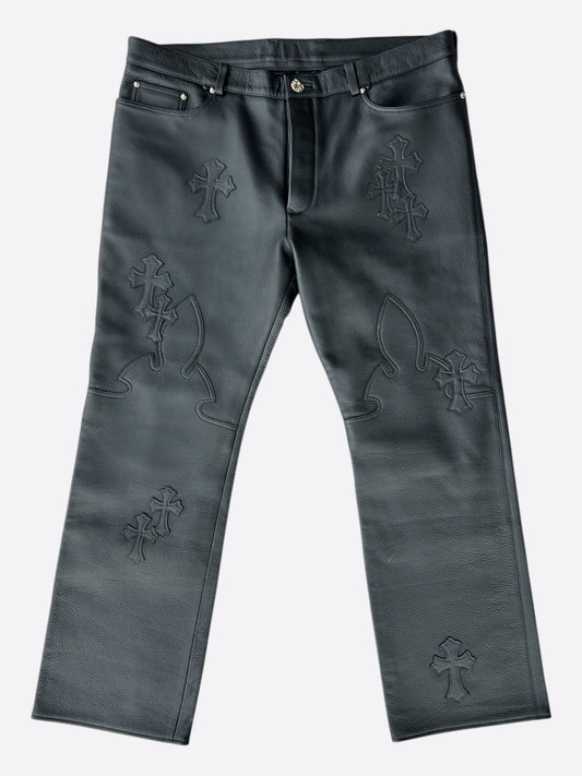 Chrome Hearts Black Leather Cross Patch Fleur Knee Jeans