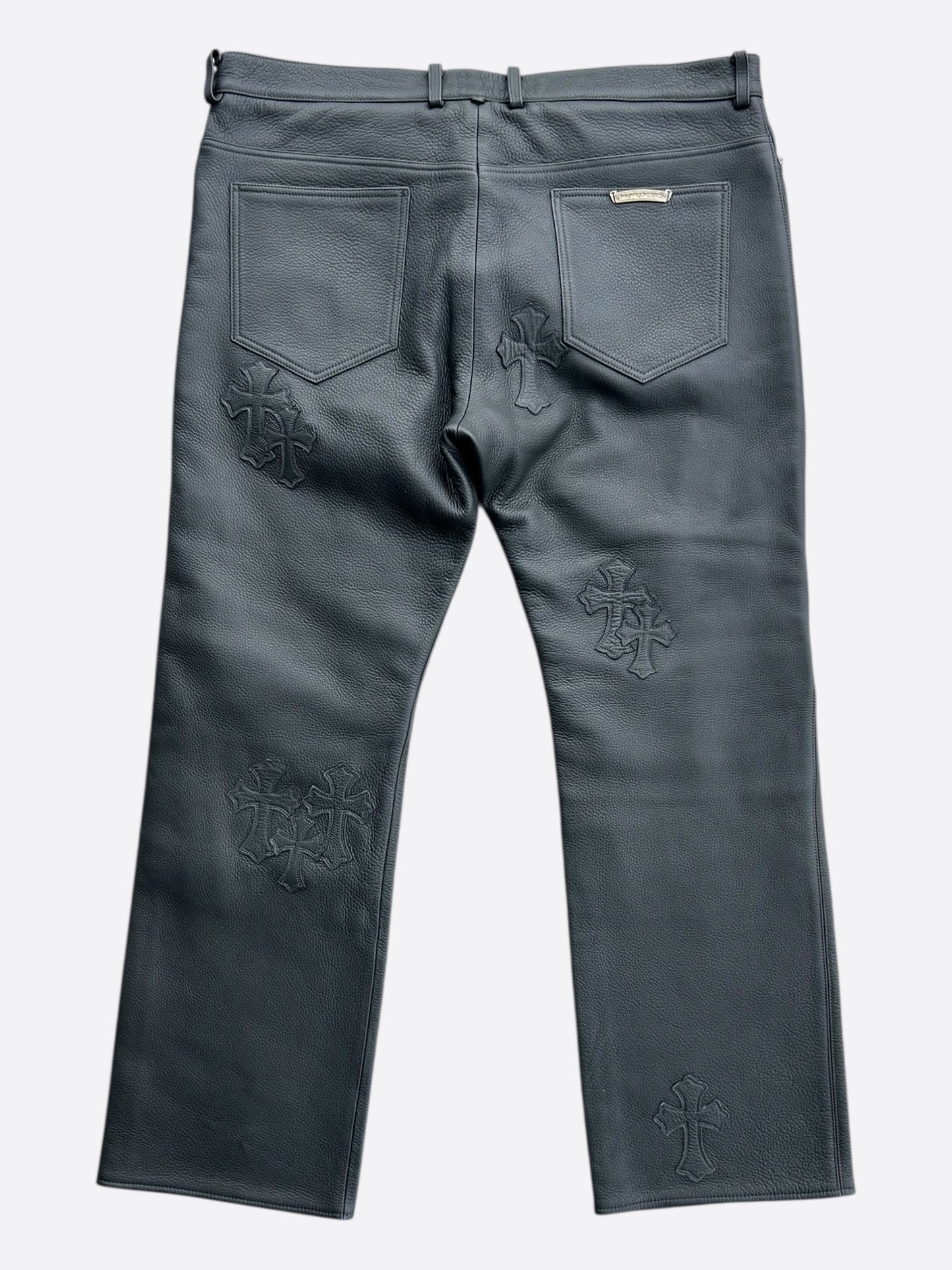 Chrome Hearts Black Leather Cross Patch Fleur Knee Jeans