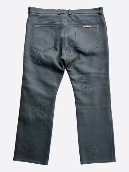 Chrome Hearts Black Leather Cross Patch Fleur Knee Jeans