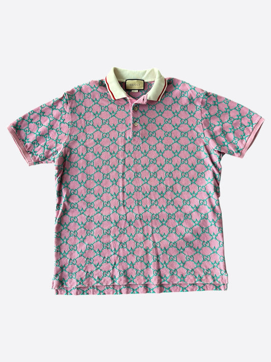 Gucci Pink & Green GG Star Monogram Polo T-Shirt