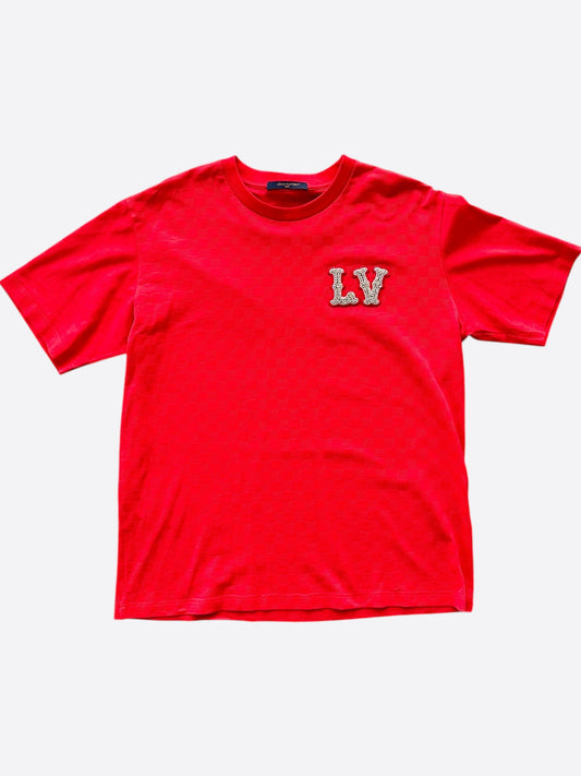 Louis Vuitton Red Damier LV Crystal Embellished T-Shirt