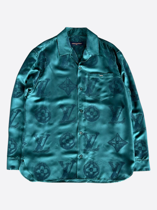 Louis Vuitton Green & Blue Monogram Silk Button Up Shirt