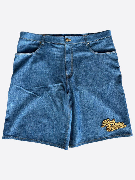 Louis Vuitton Blue & Gold Embroidered Logo Shorts