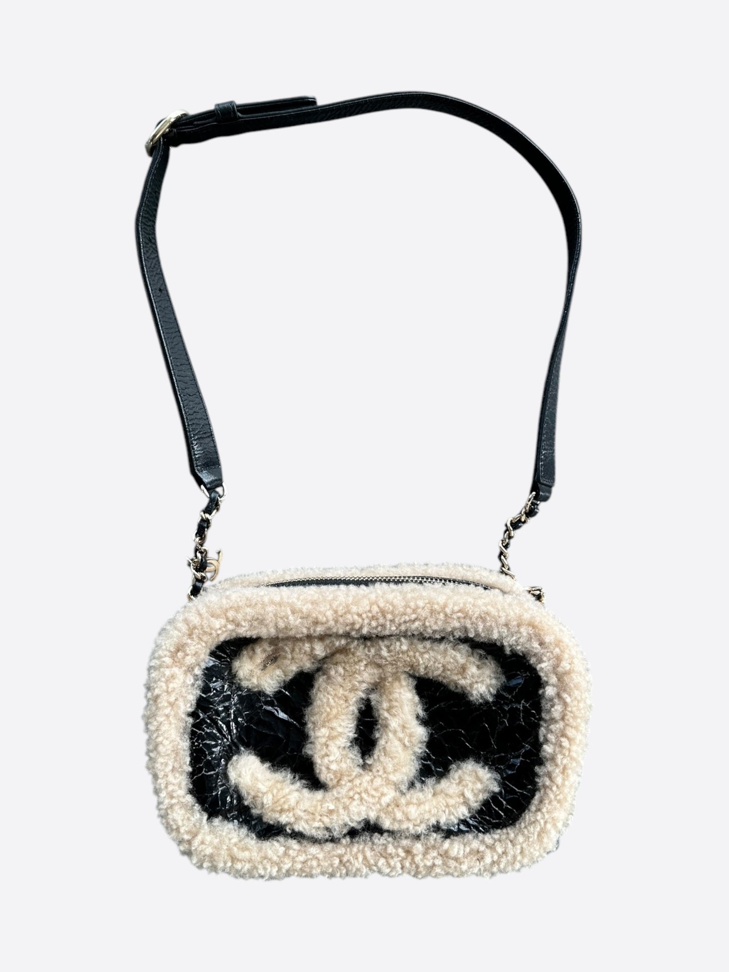 Chanel Beige & Black Crumpled Sheepskin Shoulder Bag