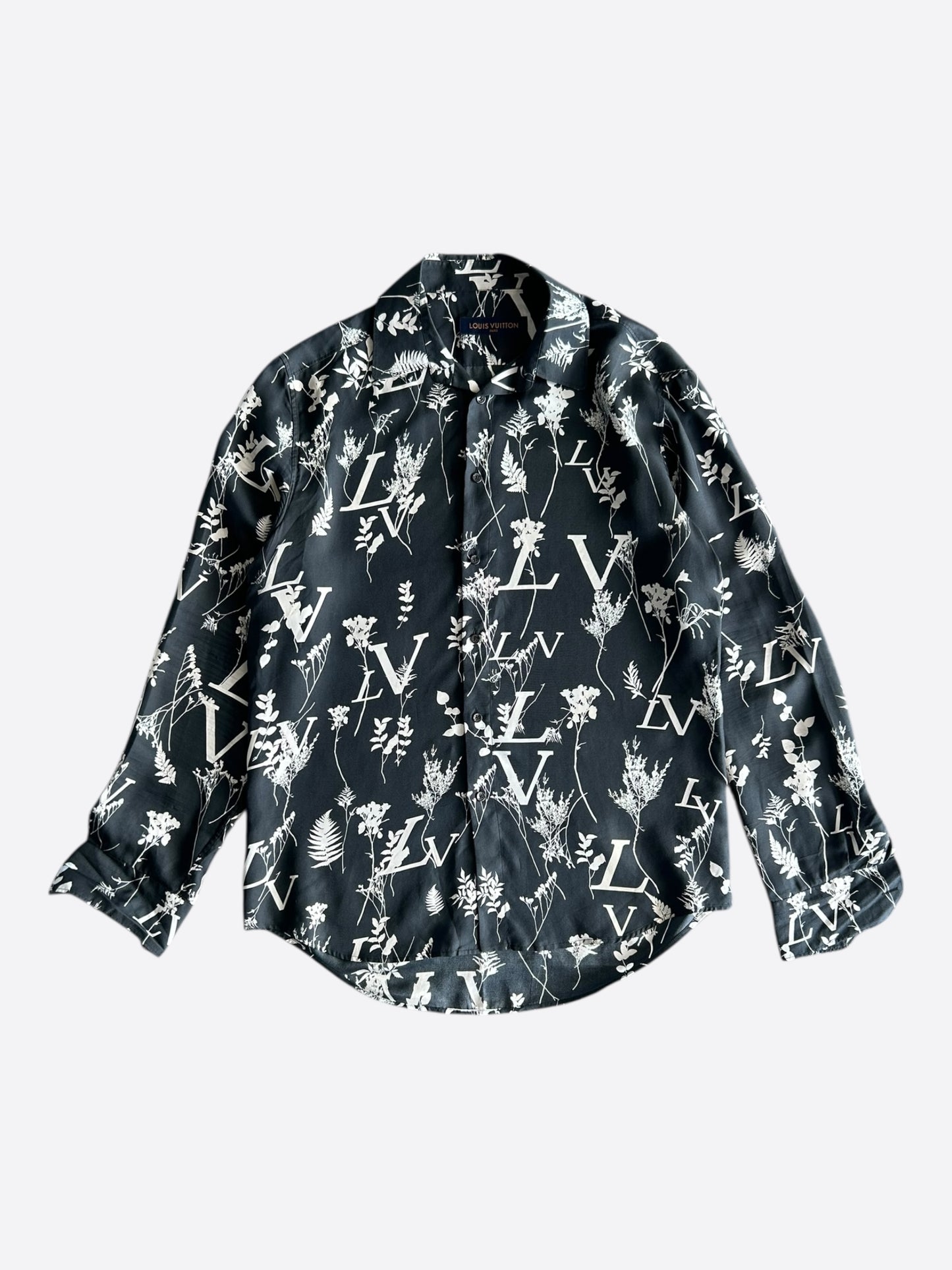 Louis Vuitton Navy & White Leaf Silk Button Up Shirt