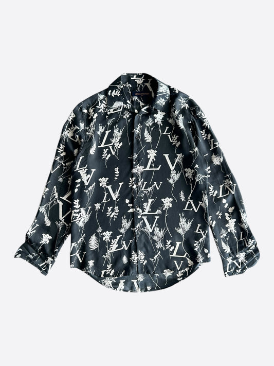 Louis Vuitton Navy & White Leaf Silk Button Up Shirt