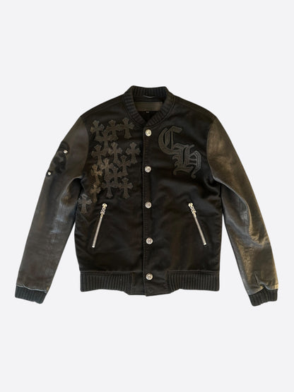Chrome Hearts Black Leather Cross Patch Varsity Jacket