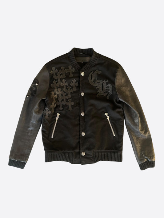 Chrome Hearts Black Leather Cross Patch Varsity Jacket