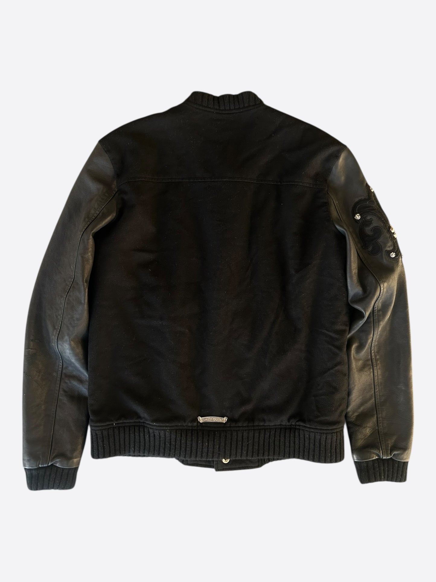 Chrome Hearts Black Leather Cross Patch Varsity Jacket
