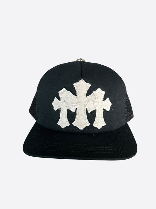 Chrome Hearts Black & White Ponyhair Triple Cross Patch Trucker Hat