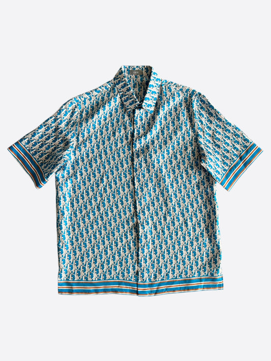 Dior Blue & White Oblique Silk Button Up Shirt