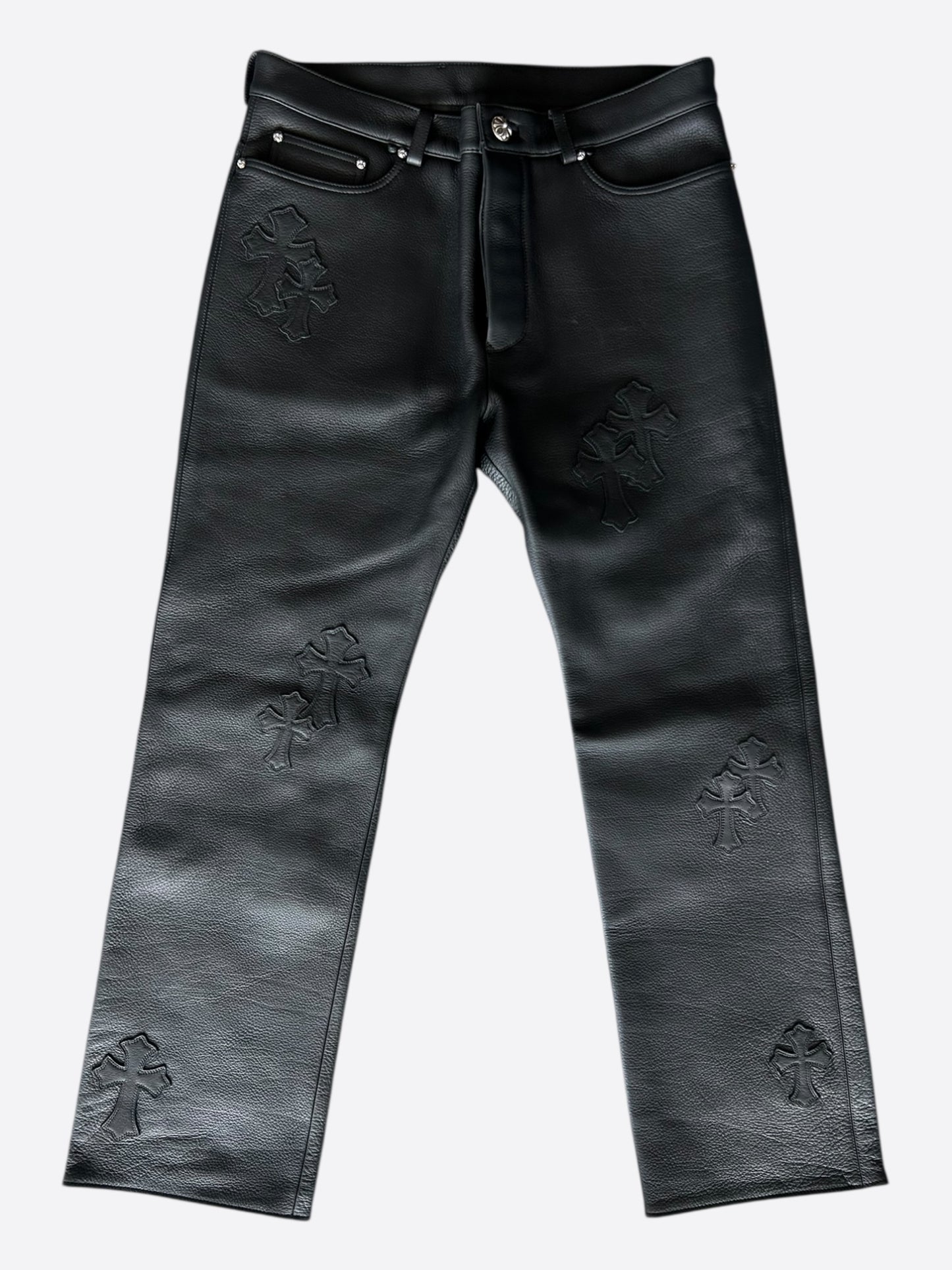 Chrome Hearts Black Leather Cross Patch Pants