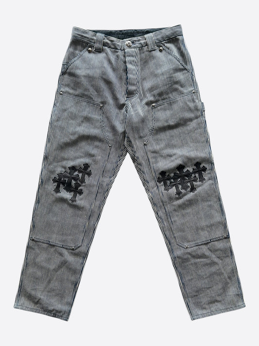 Chrome Hearts White & Black Cross Patch Pinstripe Carpenter Pants