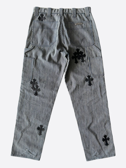 Chrome Hearts White & Black Cross Patch Pinstripe Carpenter Pants