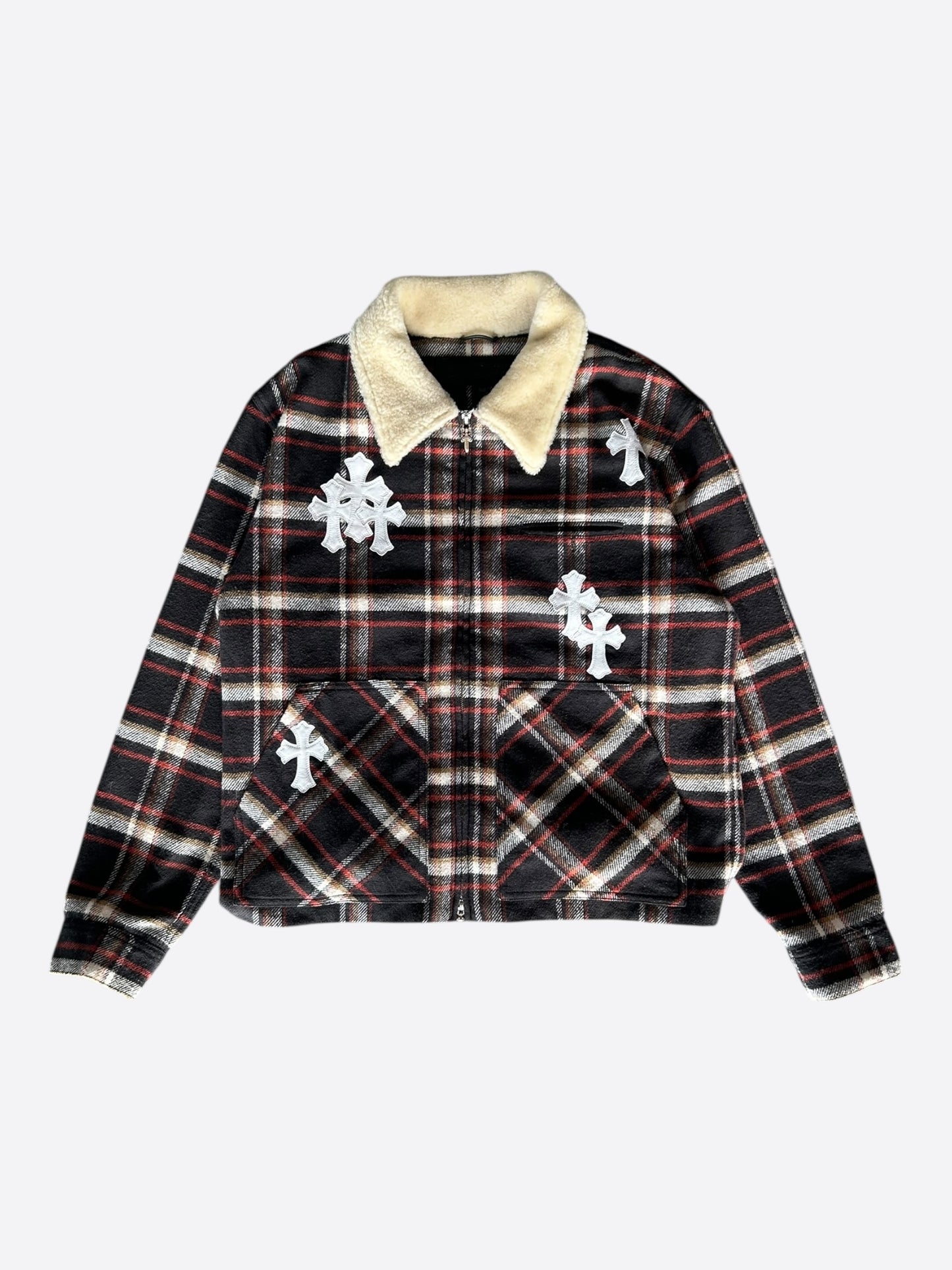 Chrome Hearts Black & Red Cross Patch Plaid Sherpa Jacket