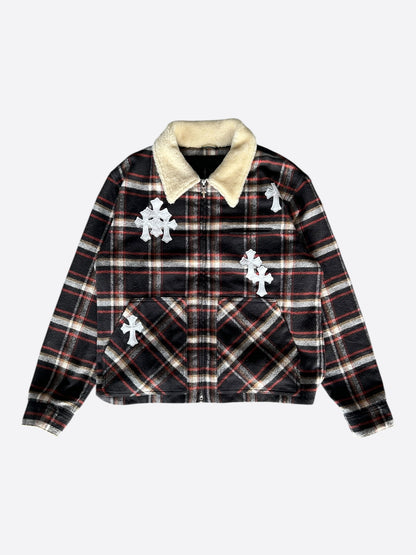 Chrome Hearts Black & Red Cross Patch Plaid Sherpa Jacket