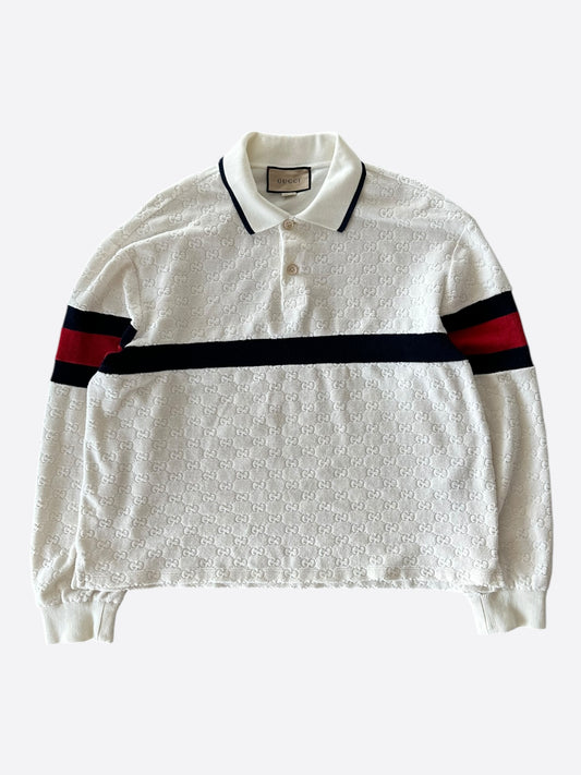 Gucci White GG Monogram Striped Terry Cloth Longsleeve Polo Shirt