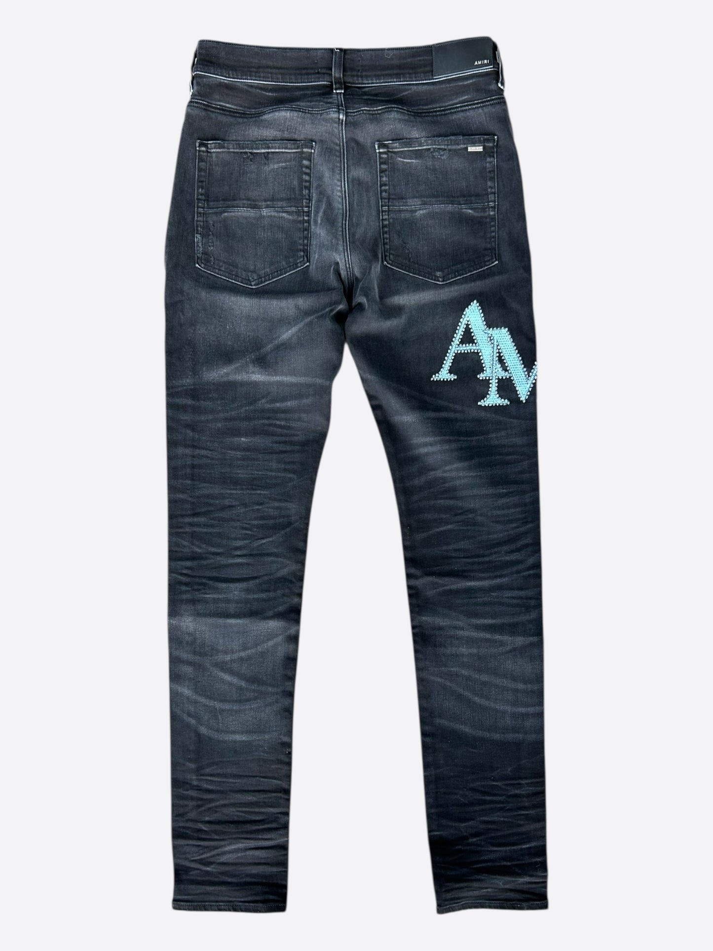 Amiri Faded Black Blue Crystal Staggered Logo Jeans