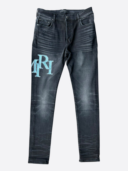 Amiri Faded Black Blue Crystal Staggered Logo Jeans
