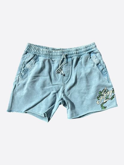 Amiri Faded Blue & White Filigree Logo Shorts