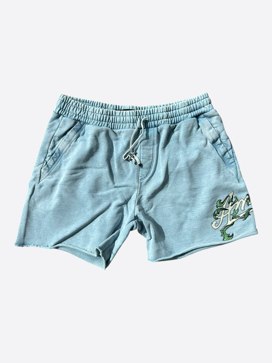 Amiri Faded Blue & White Filigree Logo Shorts