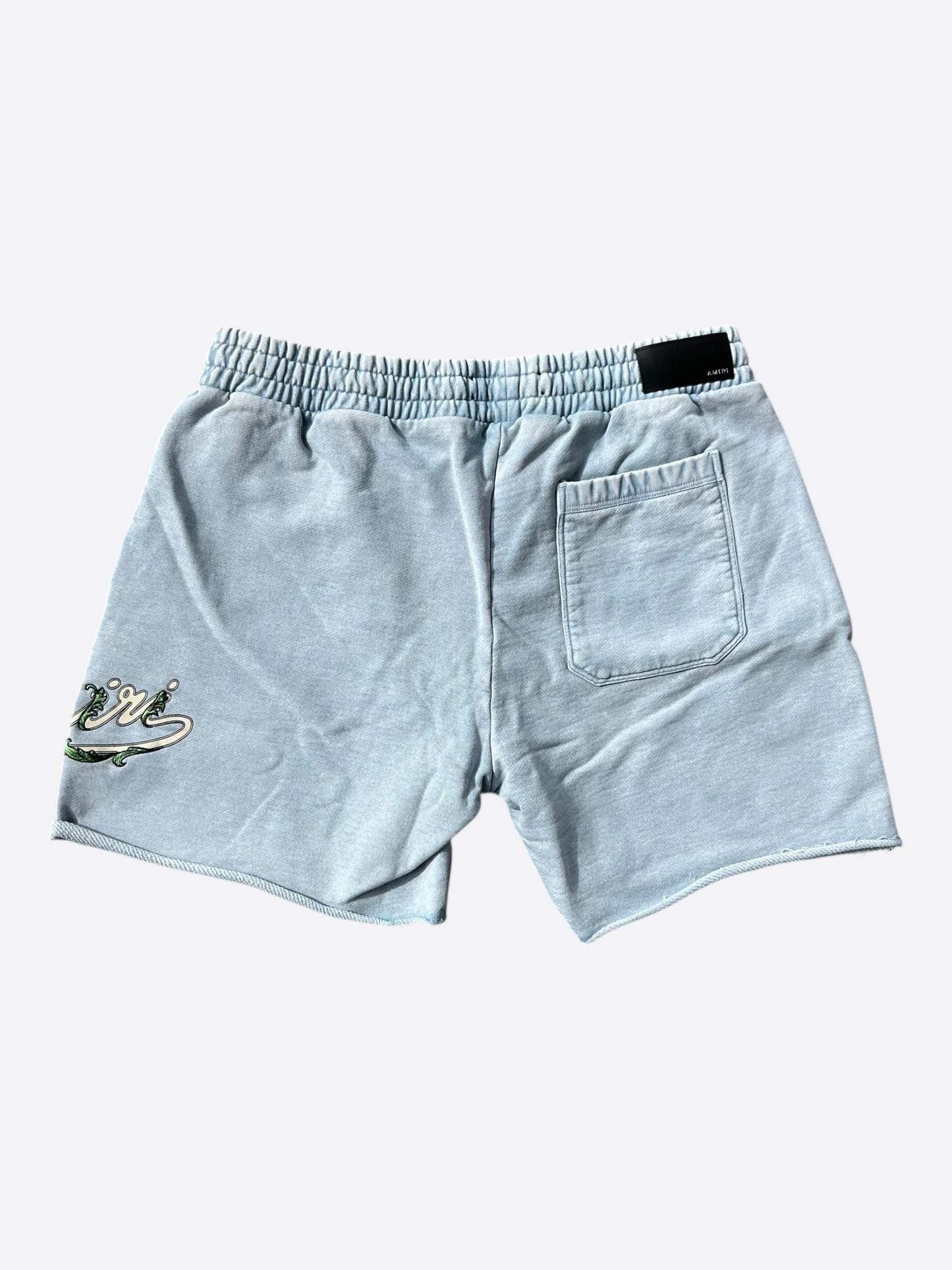 Amiri Faded Blue & White Filigree Logo Shorts