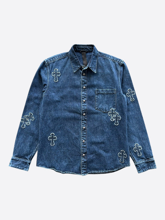 Chrome Hearts Blue Embroidered Cross Patch Denim Shirt