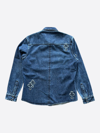 Chrome Hearts Blue Embroidered Cross Patch Denim Shirt