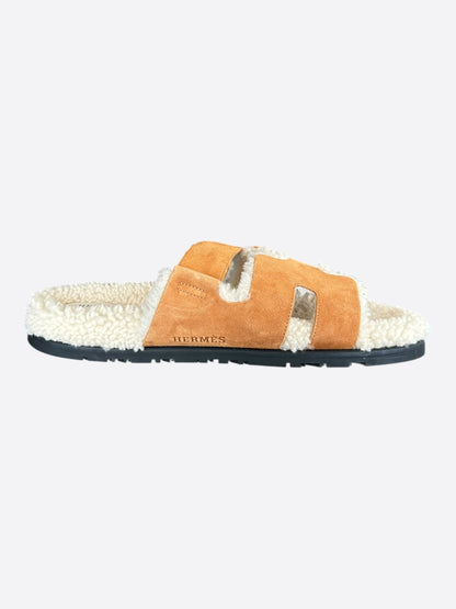 Hermes Brown Suede Chypre Shearling Sandals