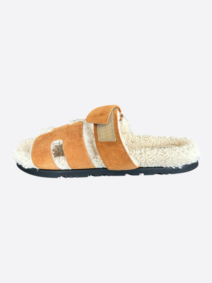 Hermes Brown Suede Chypre Shearling Sandals
