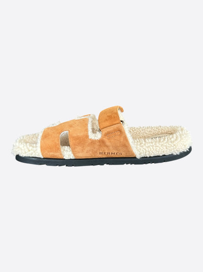 Hermes Brown Suede Chypre Shearling Sandals
