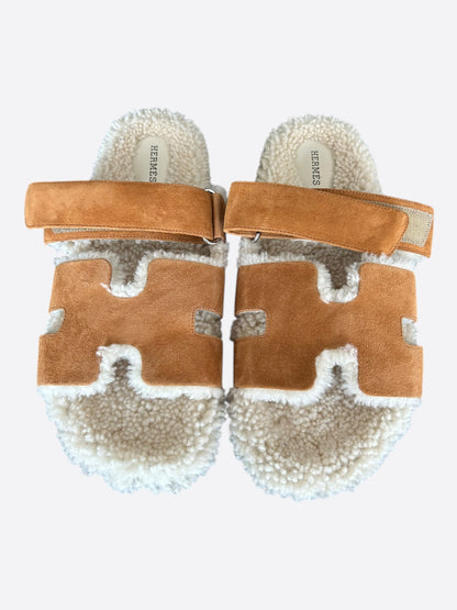 Hermes Brown Suede Chypre Shearling Sandals