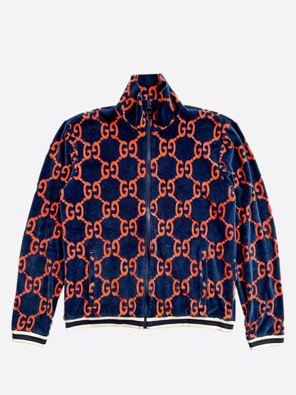 Gucci Navy & Red Chenille GG Monogram Jacquard Track Jacket