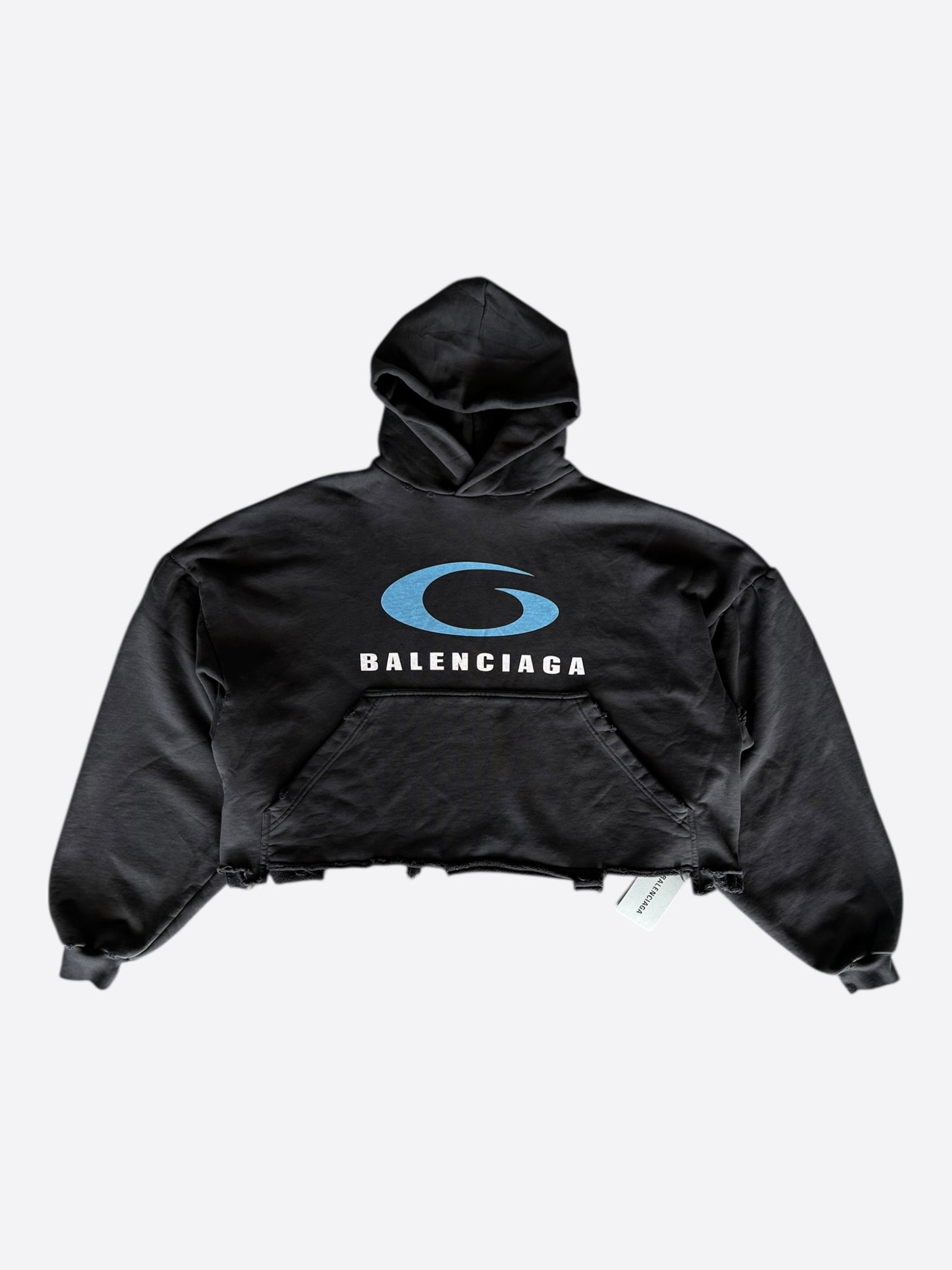 Balenciaga Black & Blue Loop Logo Cropped Hoodie