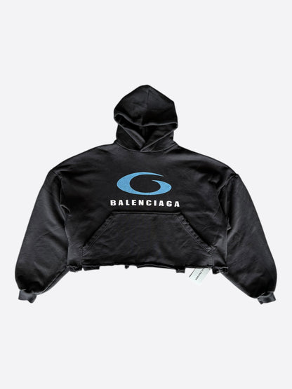 Balenciaga Black & Blue Loop Logo Cropped Hoodie