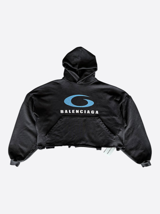 Balenciaga Black & Blue Loop Logo Cropped Hoodie
