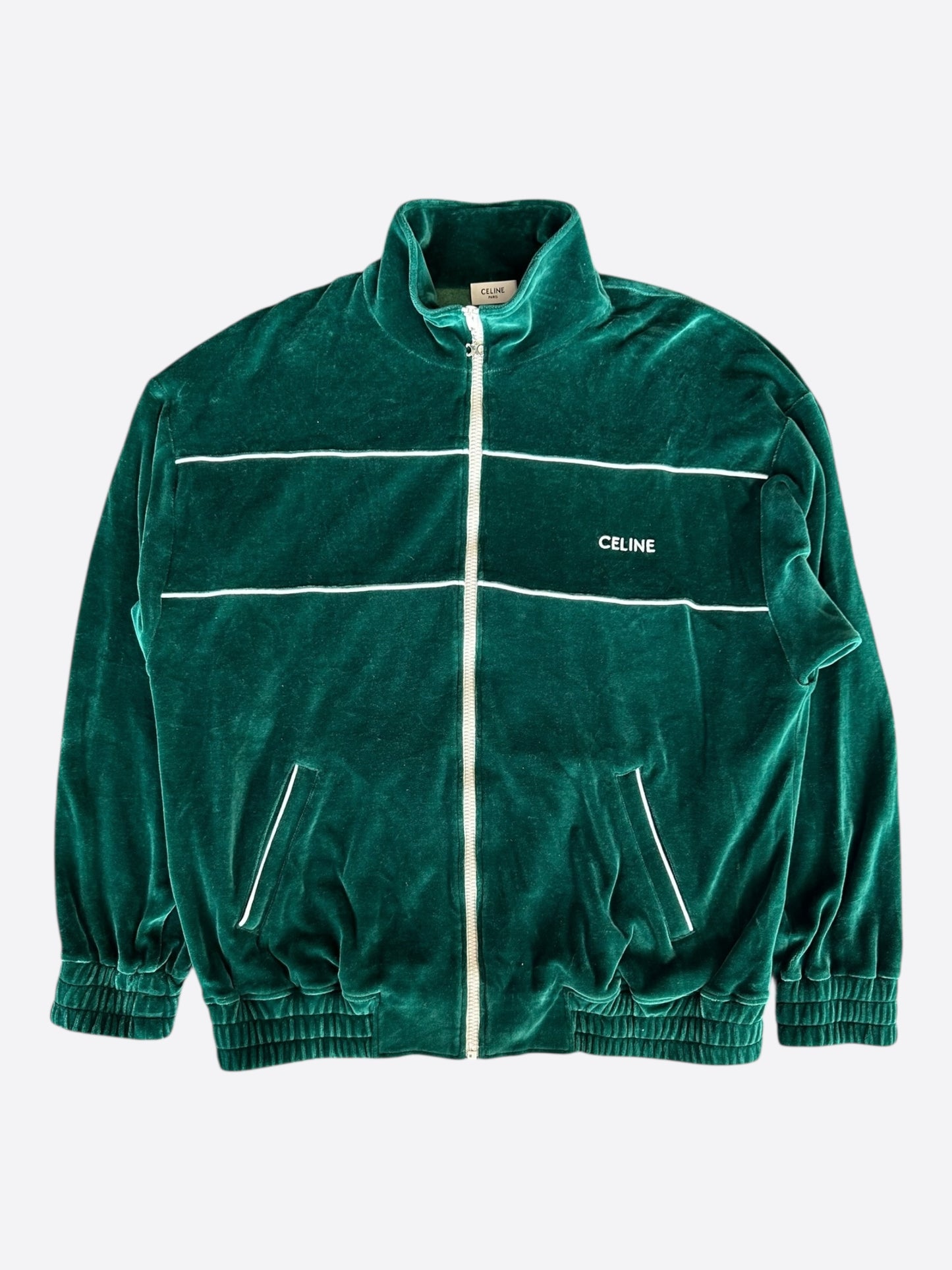 Celine Faded Green & White Logo Velour Track Jacket