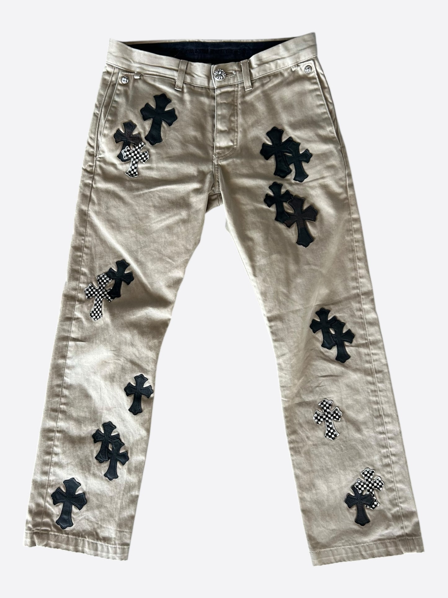 Chrome Hearts Tan Black & Checkered Cross Patch Chinos