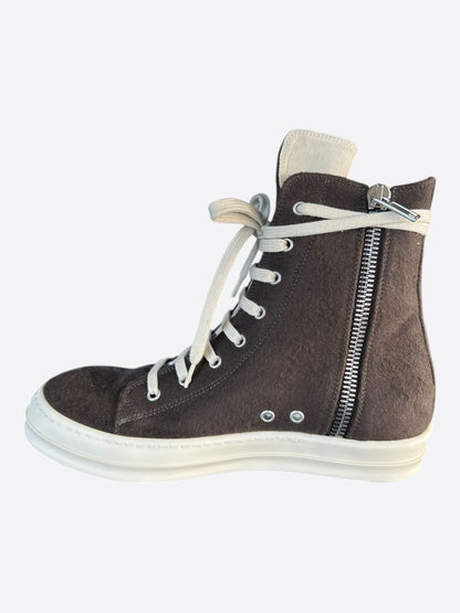Rick Owens Brown & White High Top Sneakers