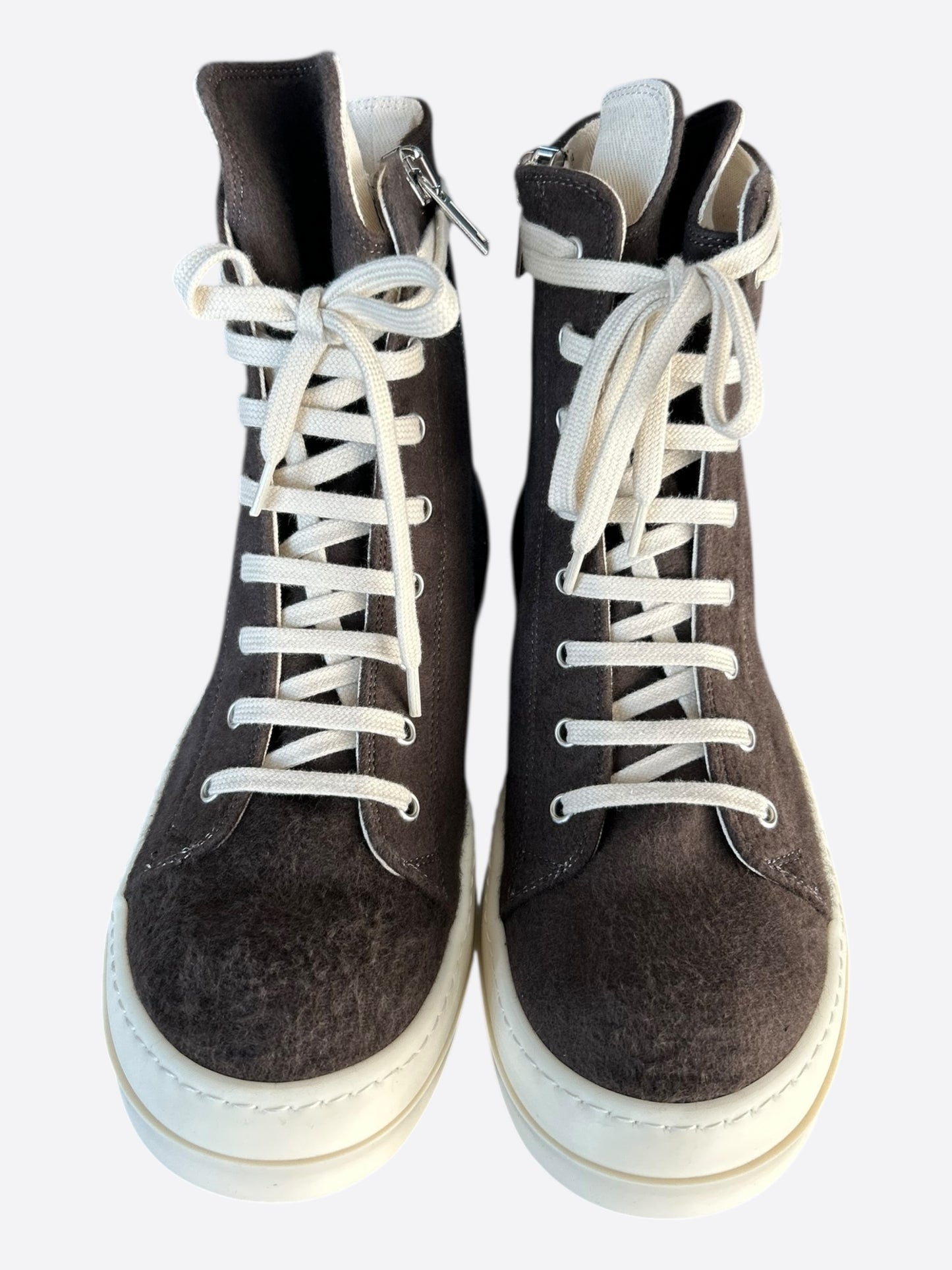 Rick Owens Brown & White High Top Sneakers