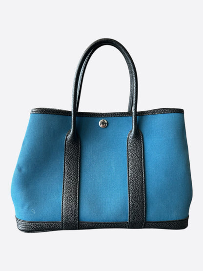 Hermes Blue Canvas & Black Togo Garden Party 30