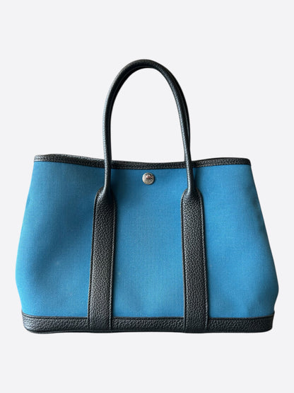 Hermes Blue Canvas & Black Togo Garden Party 30