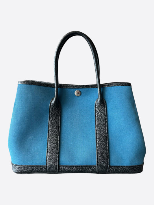 Hermes Blue Canvas & Black Togo Garden Party 30